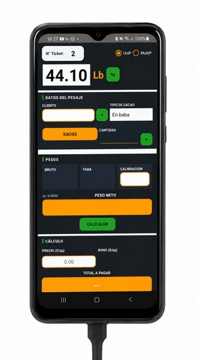 App Android de NPC mostrando el peso 44.10 lb