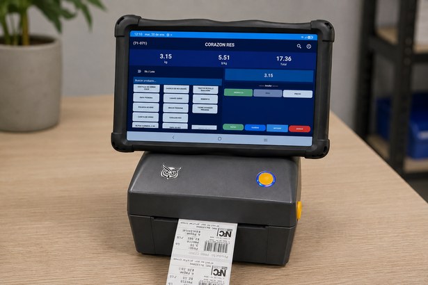 Tablet e impresora de etiquetas NPC para pesaje y etiquetado