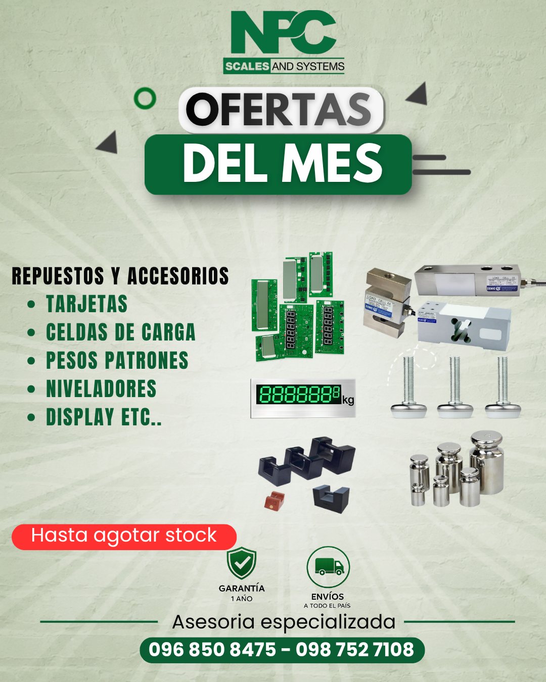 Repuestos y accesorios: tarjetas, celdas de carga, pesos patrones, niveladores y displays